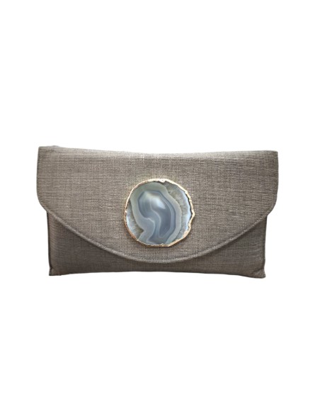 Gray jute handbag with natural stone detail and golden chain