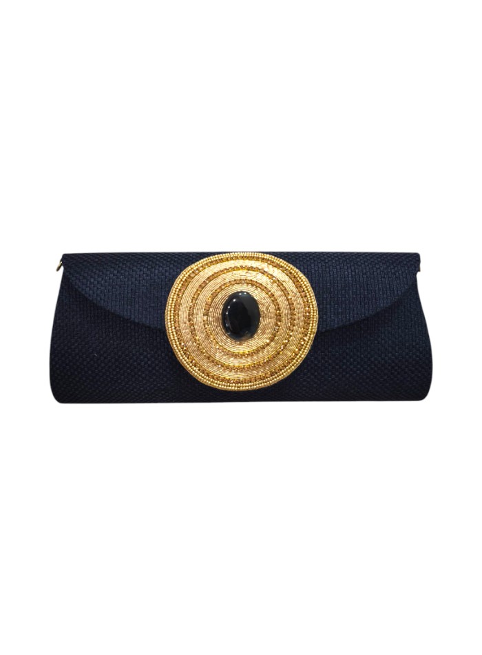 Navy blue jute wallet with central stone clasp and gold chain