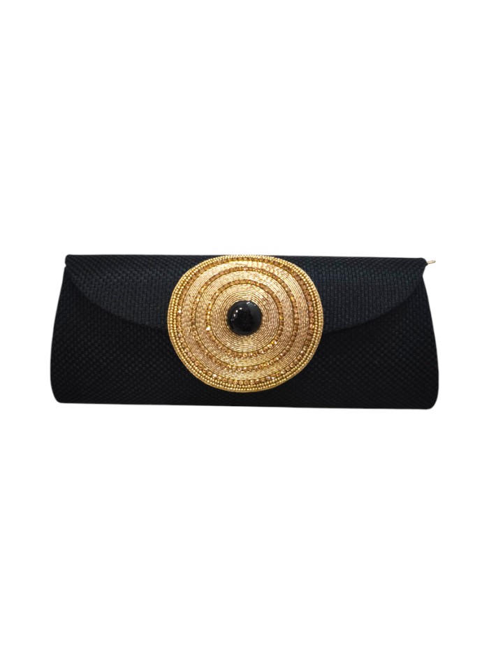 Cartera de yute negra con broche central de piedra y cadena dorada