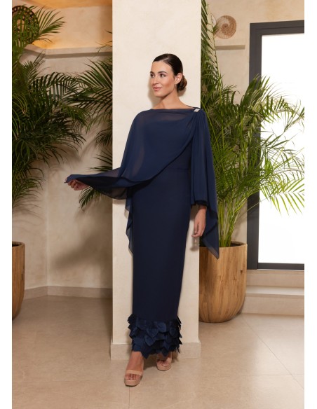 Vestido midi con escote asimétrico y capa en lurex y gasa para invitadas
