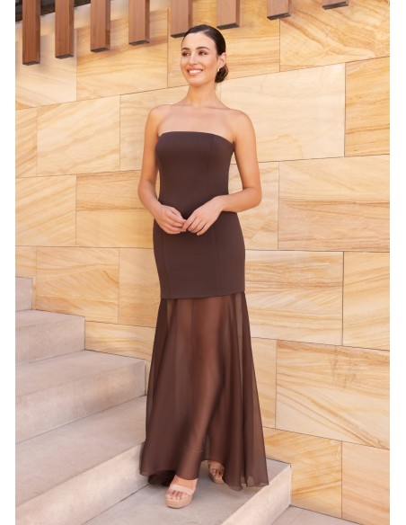 Strapless long dress with transparency in skirt and bolero
