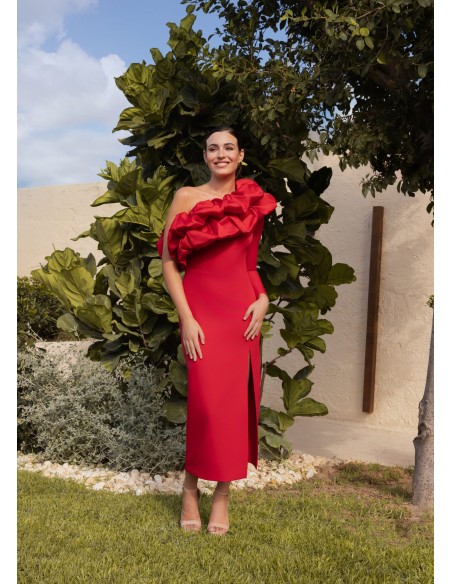 Midi dress with asymmetrical neckline and detachable flounce