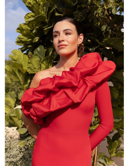 Robe midi avec encolure asymétrique et volant détachable