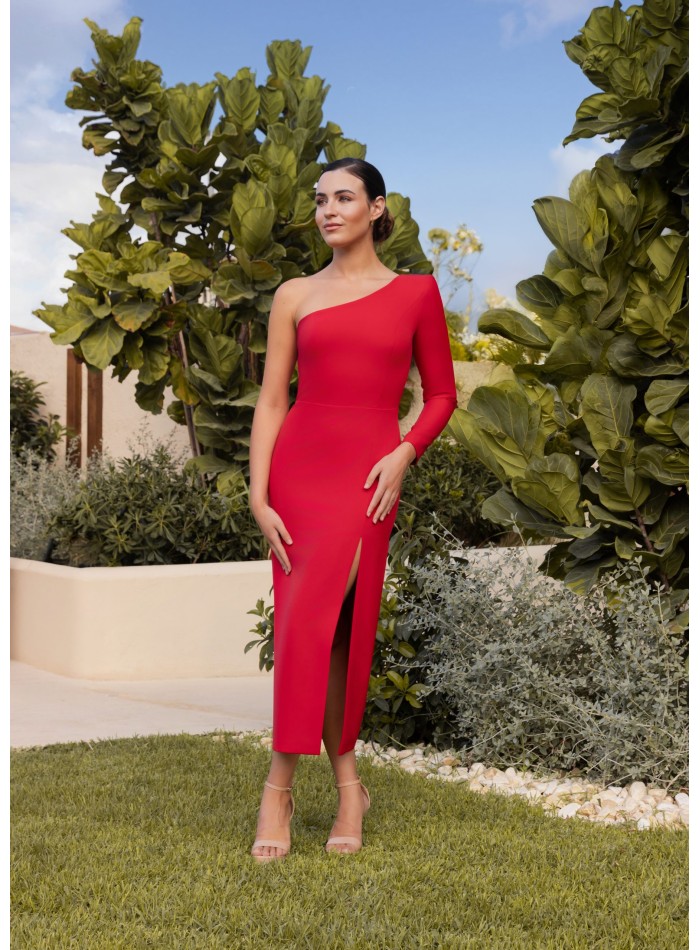 Midi dress with asymmetrical neckline and...