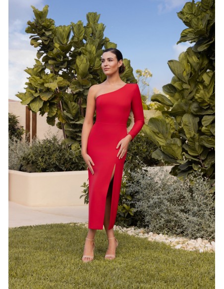 Vestido midi con escote asimétrico y volante desmontable para fiestas