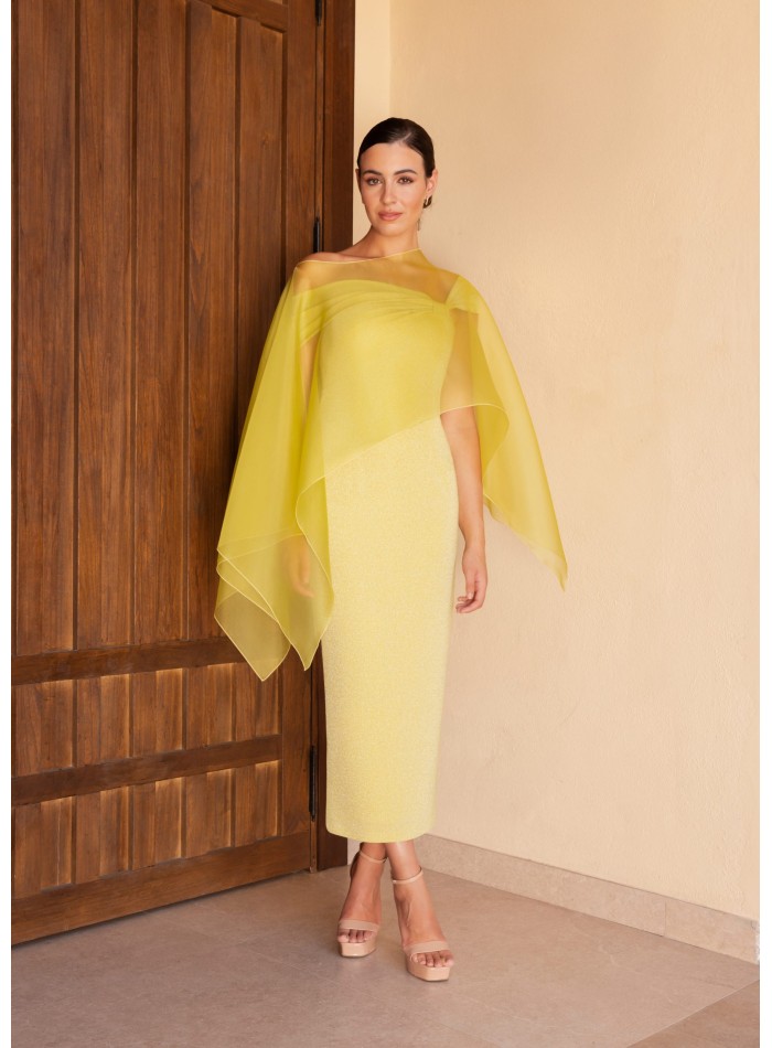 Midi dress with asymmetrical neckline and cape...