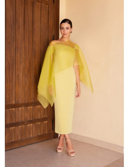 Midi dress with asymmetrical neckline and cape in lurex and chiffon