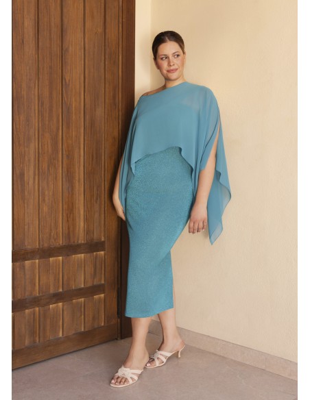 Midi dress with asymmetrical neckline and cape in lurex and chiffon