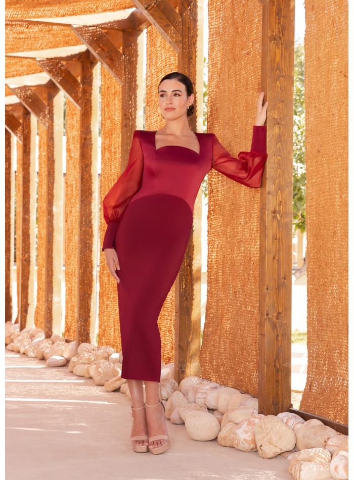 Vestido midi con escote caja y manga abullonada en crepé satén rojo