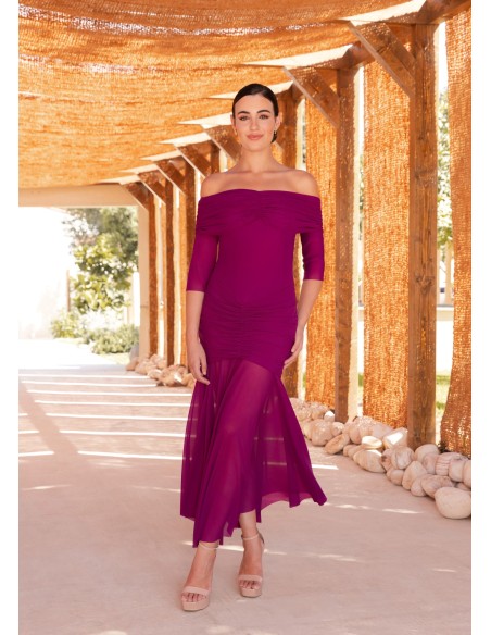 Midi dress with bardot neckline and draped at the waist