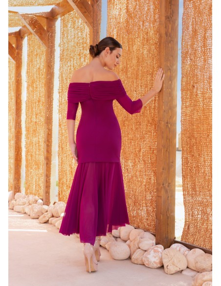 Midi dress with bardot neckline and draped at the waist