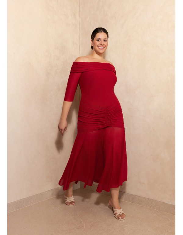 Robe de soirée midi avec encolure bardot et drapé 2