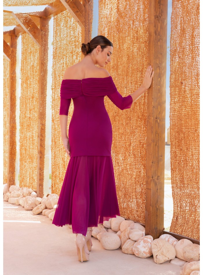 Midi party dress with bardot neckline and draping