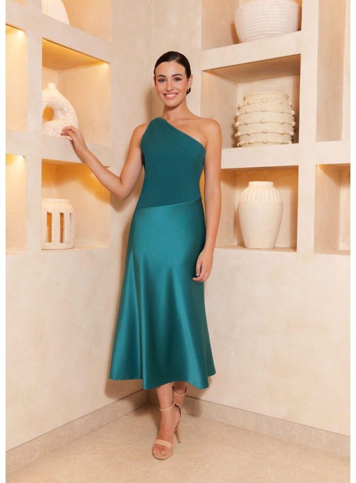 Crepe satin midi dress with asymmetrical neckline