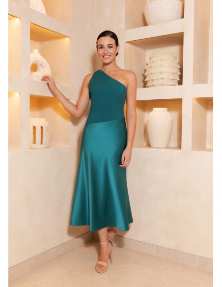 Crepe satin midi dress with asymmetrical neckline