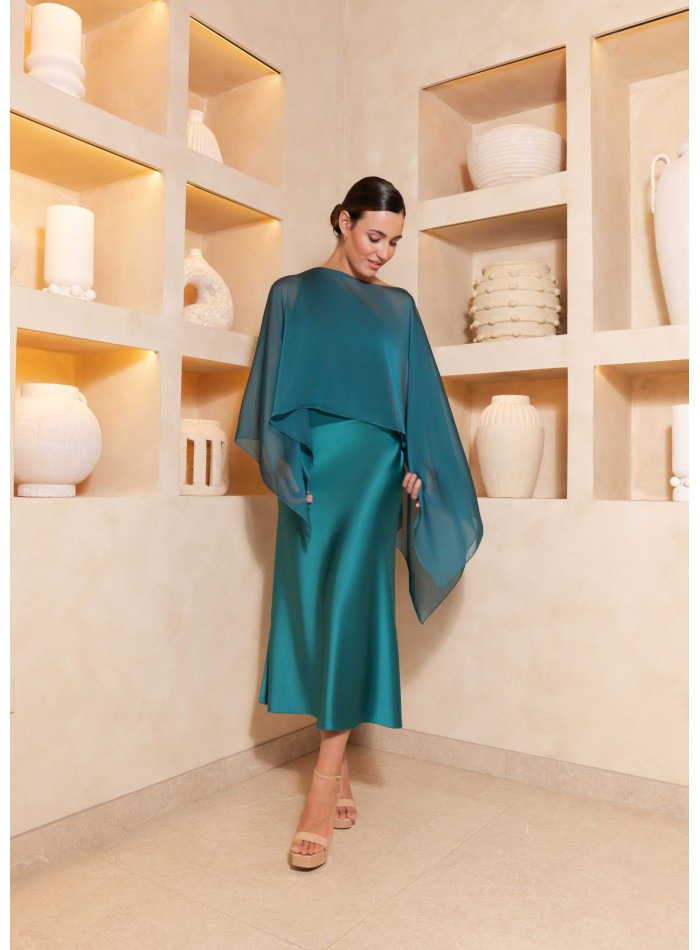 Crepe satin midi dress with asymmetrical neckline