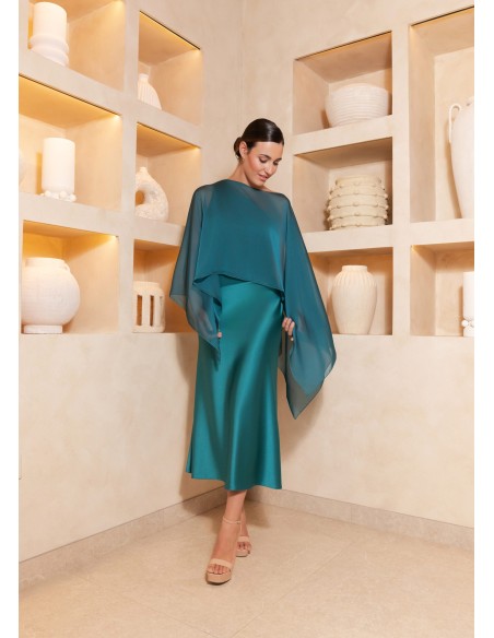 Crepe satin midi dress with asymmetrical neckline