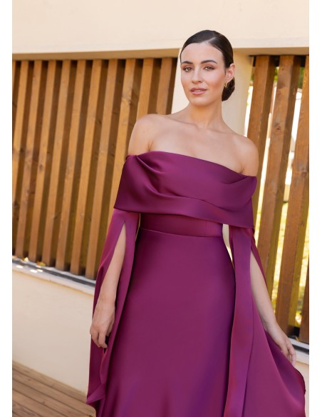 Robe midi à encolure bardot en satin et manches tombantes