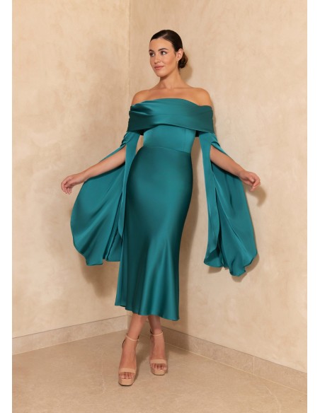Satin bardot neckline midi dress with dropped sleeves