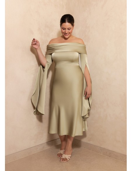 Satin bardot neckline midi dress with dropped sleeves