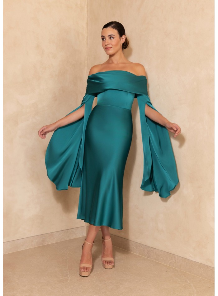 Vestido midi escote bardot con mangas caídas verde petroleo