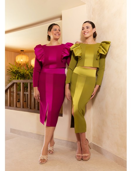 Set of off-the-shoulder ruffle top and midi skirt with satin opening