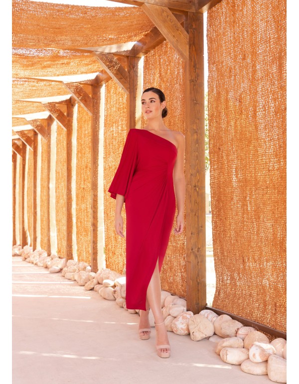 Robe midi asymétrique à manches évasées et drapée à la... 2