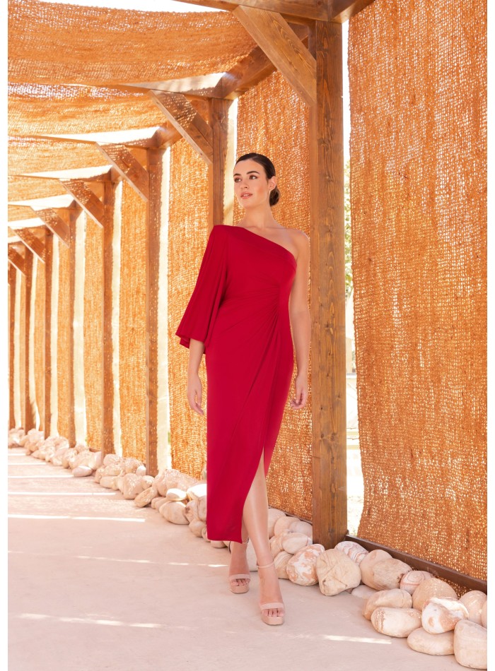 Asymmetric midi dress with flared sleeves and...
