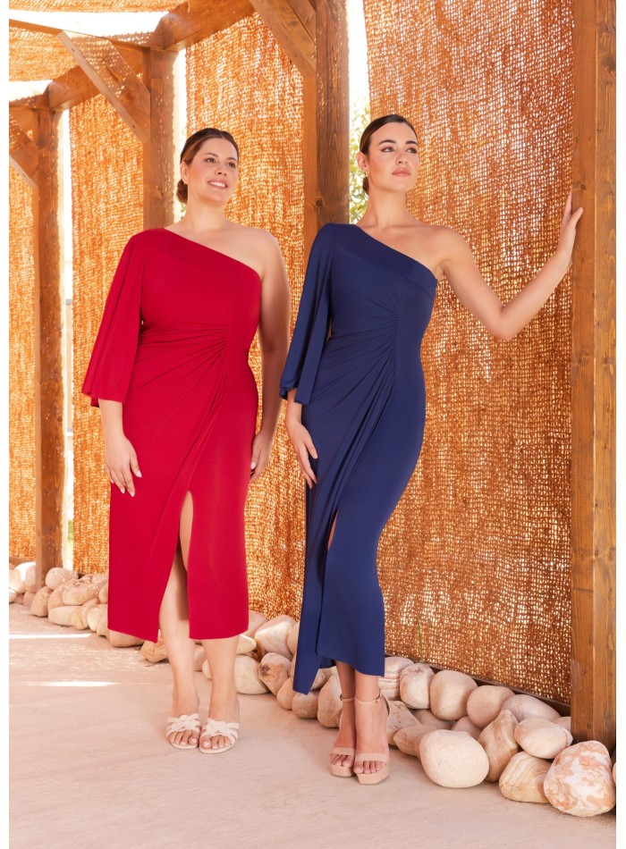 Asymmetric midi dress with flared sleeves and...