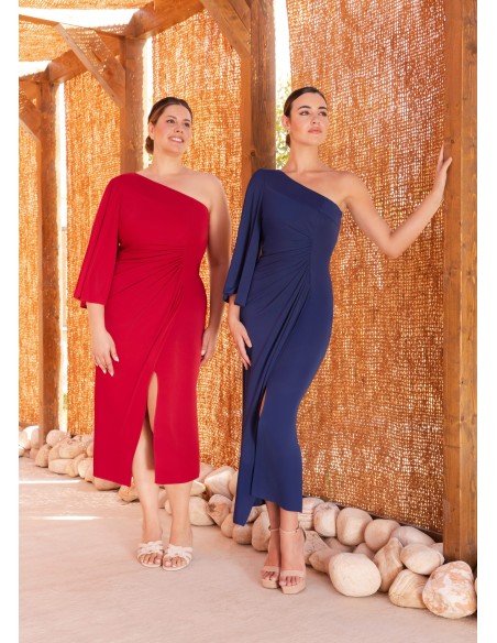 Asymmetric midi dress with flared sleeves and draped at the waist
