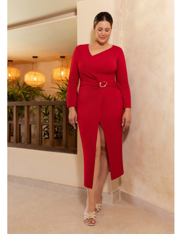 Long sleeved midi dress with buckle at the waist 2