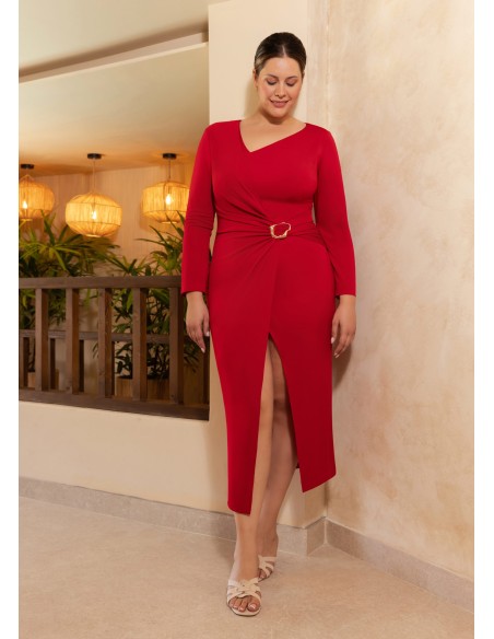 Robe midi à manches longues avec boucle à la taille