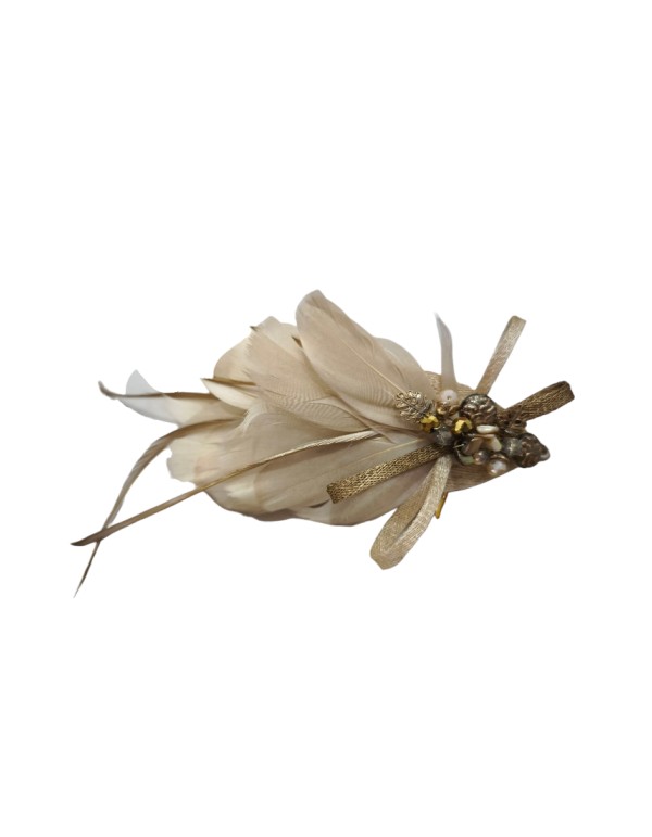 Coiffe d'invité avec plumes et pierres précieuses beiges