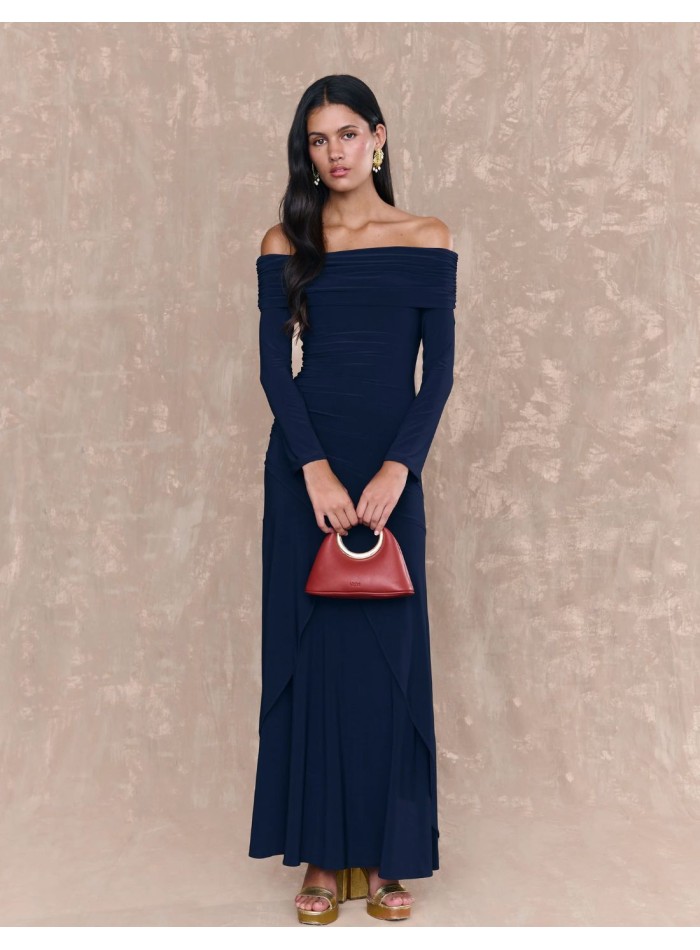 Vestido largo de invitada con manga larga y escote barco azul marino