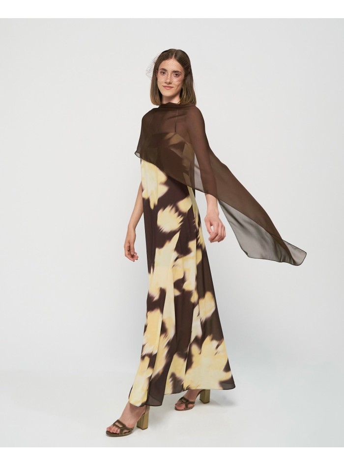 Cape longue en mousseline de soie brun chocolat