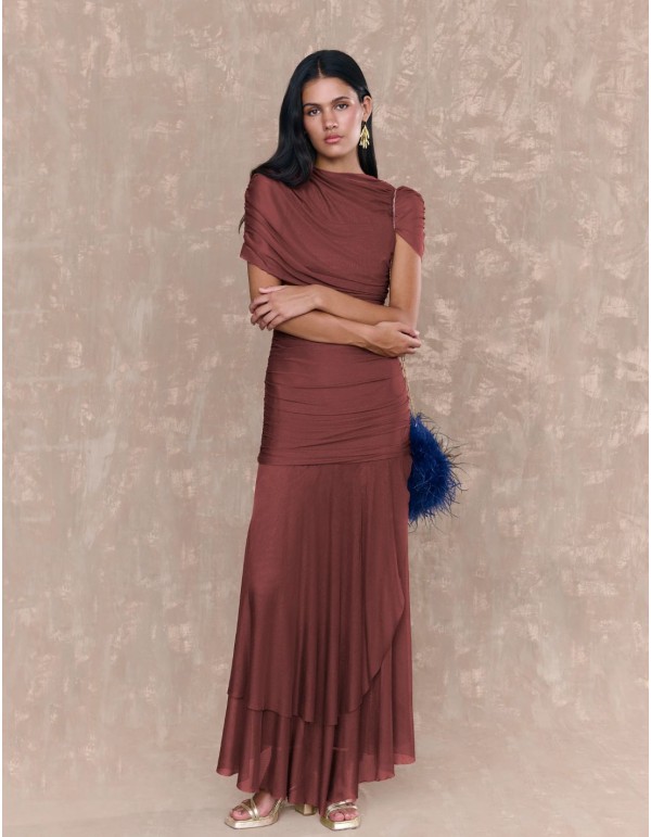 Long tulle dress with crossover neckline
