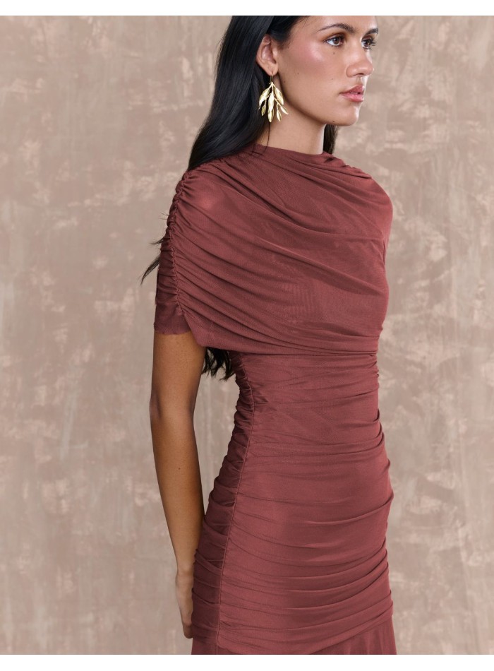 Long tulle dress with crossover neckline