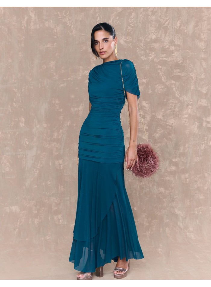 Robe longue en tulle avec encolure croisée en tulle