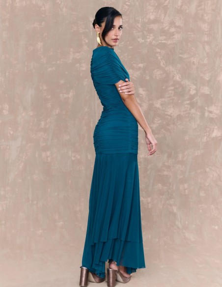 Vestido largo de tul con escote cruzado en tejido de tul para eventos Vestido largo de tul con escote cruzado en tejido de tul para eventos