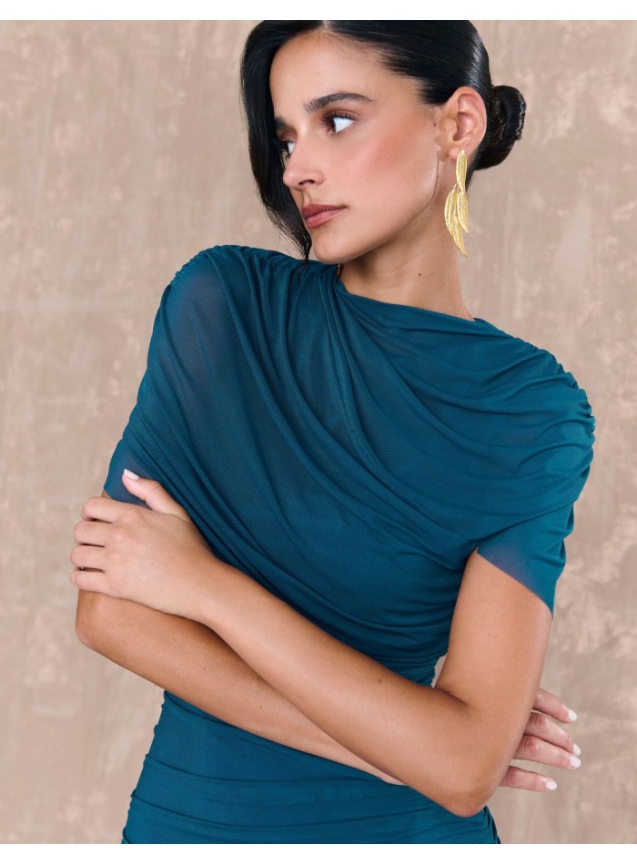 Long tulle dress with crossed neckline in tulle...