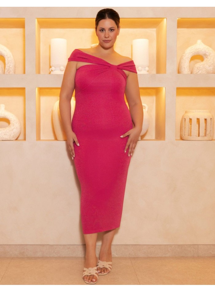 Robe midi à encolure asymétrique et couche en lurex et mousseline de soie