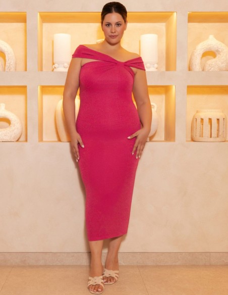 Vestido midi con escote asimétrico y capa en lurex y gasa