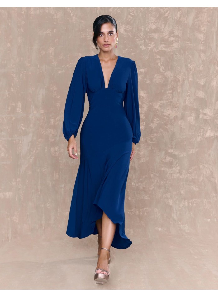 Robe midi bleu marine avec décolleté en V