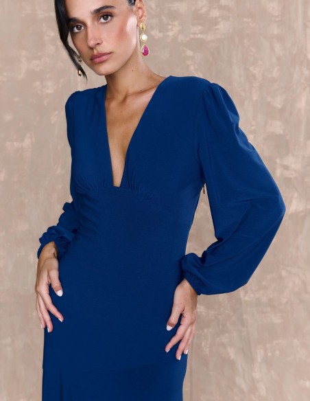Navy blue midi dress with V-neckline