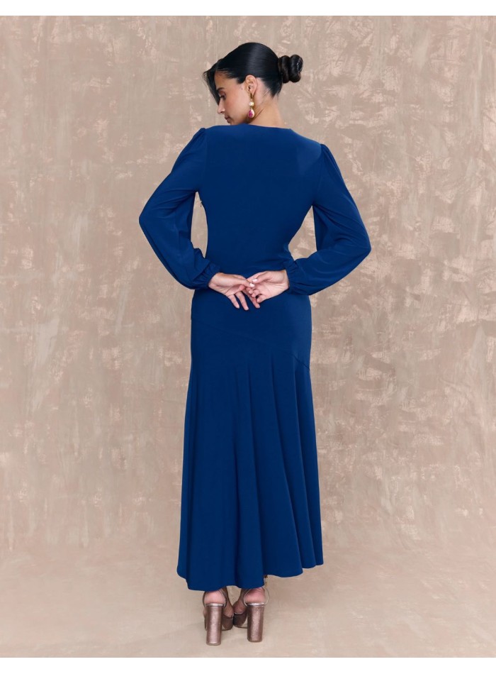 Navy blue midi dress with V-neckline