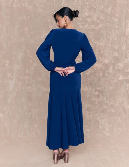 Navy blue midi dress with V-neckline