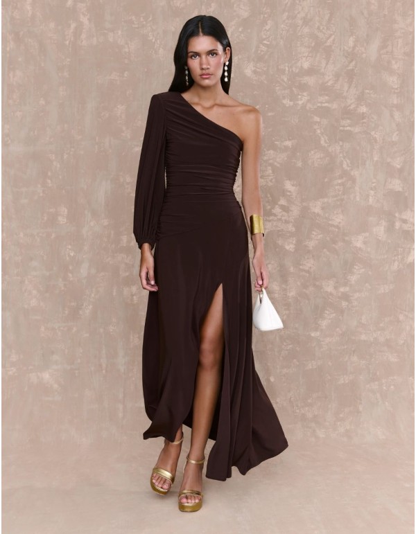 Vestido midi marrón de punto de seda