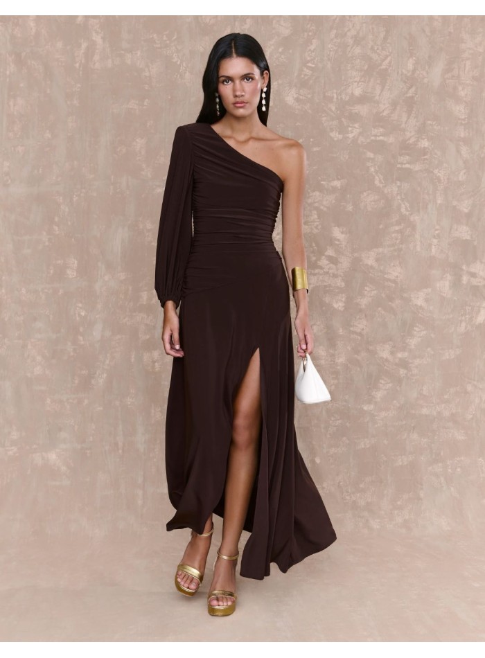 Robe midi en soie marron