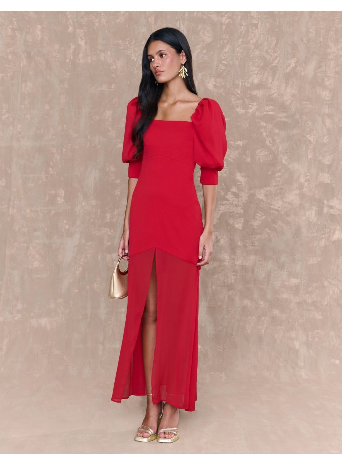 Vestido midi de gasa rojo con manga francesa