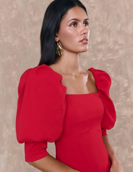 Robe midi en mousseline de soie rouge avec manches françaises